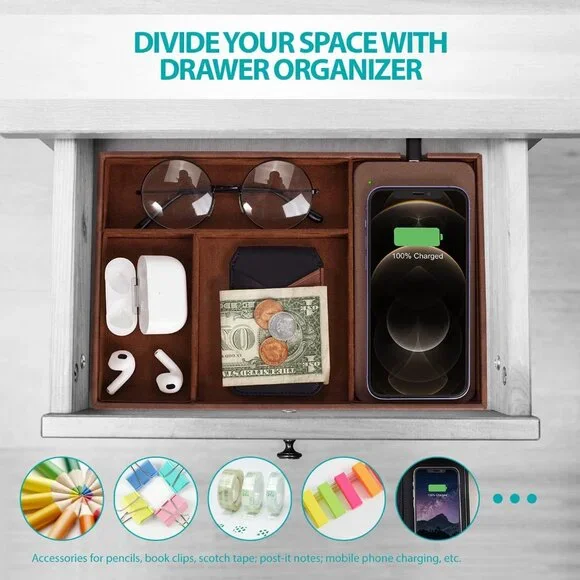 Valet Tray, Built in Wireless Charging Pad, Nightstand Organizer, Dresser Organi
